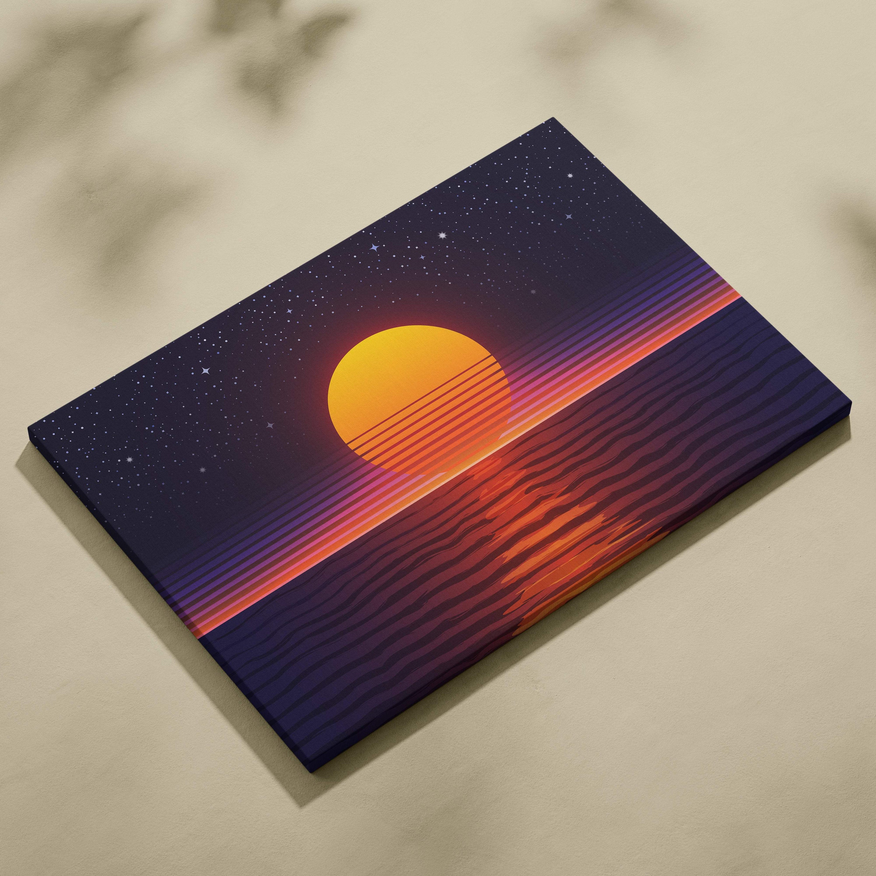 A rectangular canvas art print of a retrowave ocean sunset with an orange sun and purple synthwave horizon over starry water