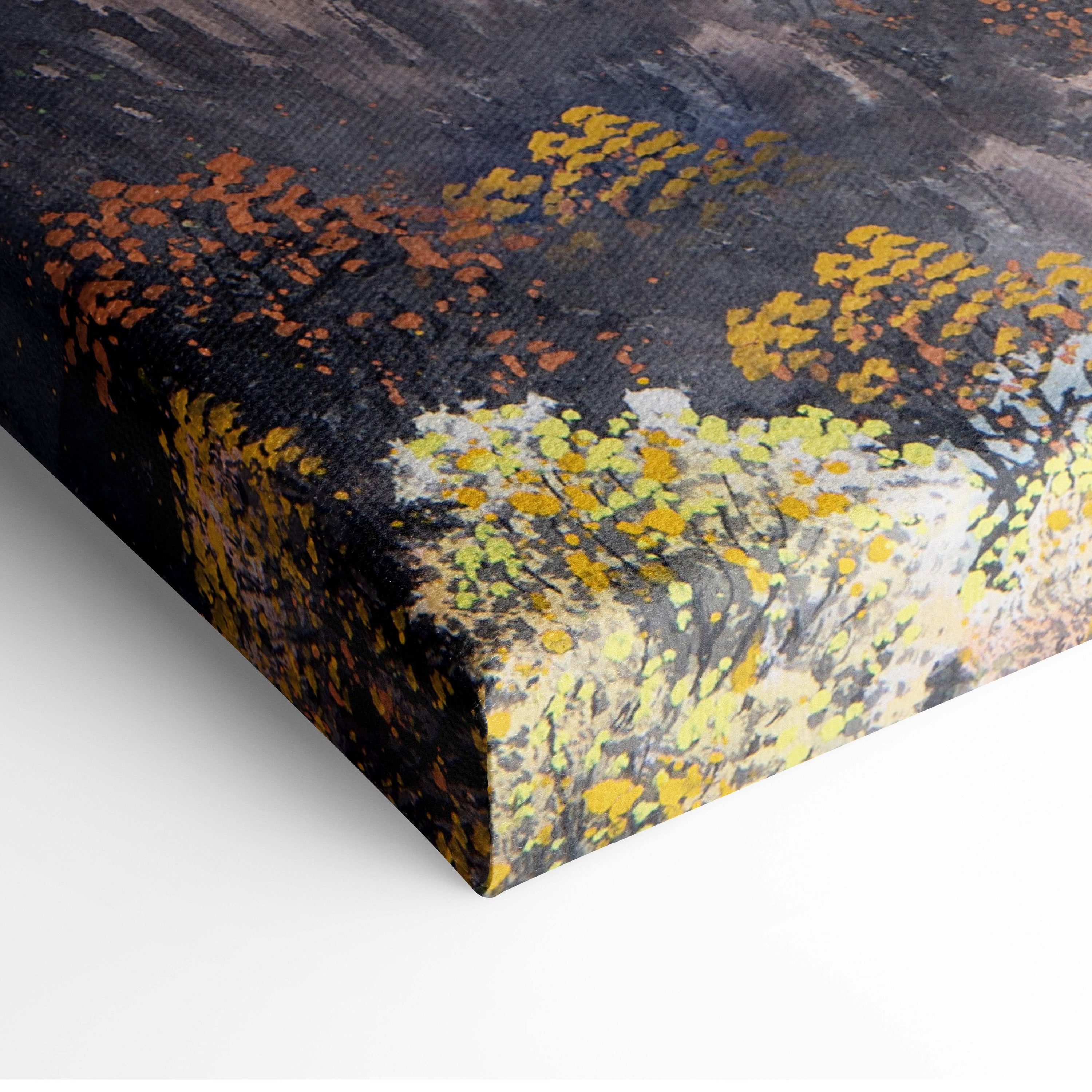 Asian mountain landscape canvas wall art with textured dark gray, vibrant yellow, and soft orange abstract brushstrokes