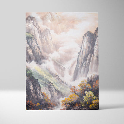 A rectangular canvas print featuring a traditional chinese ink wash painting of misty mountains and autumn trees in warm earth tones