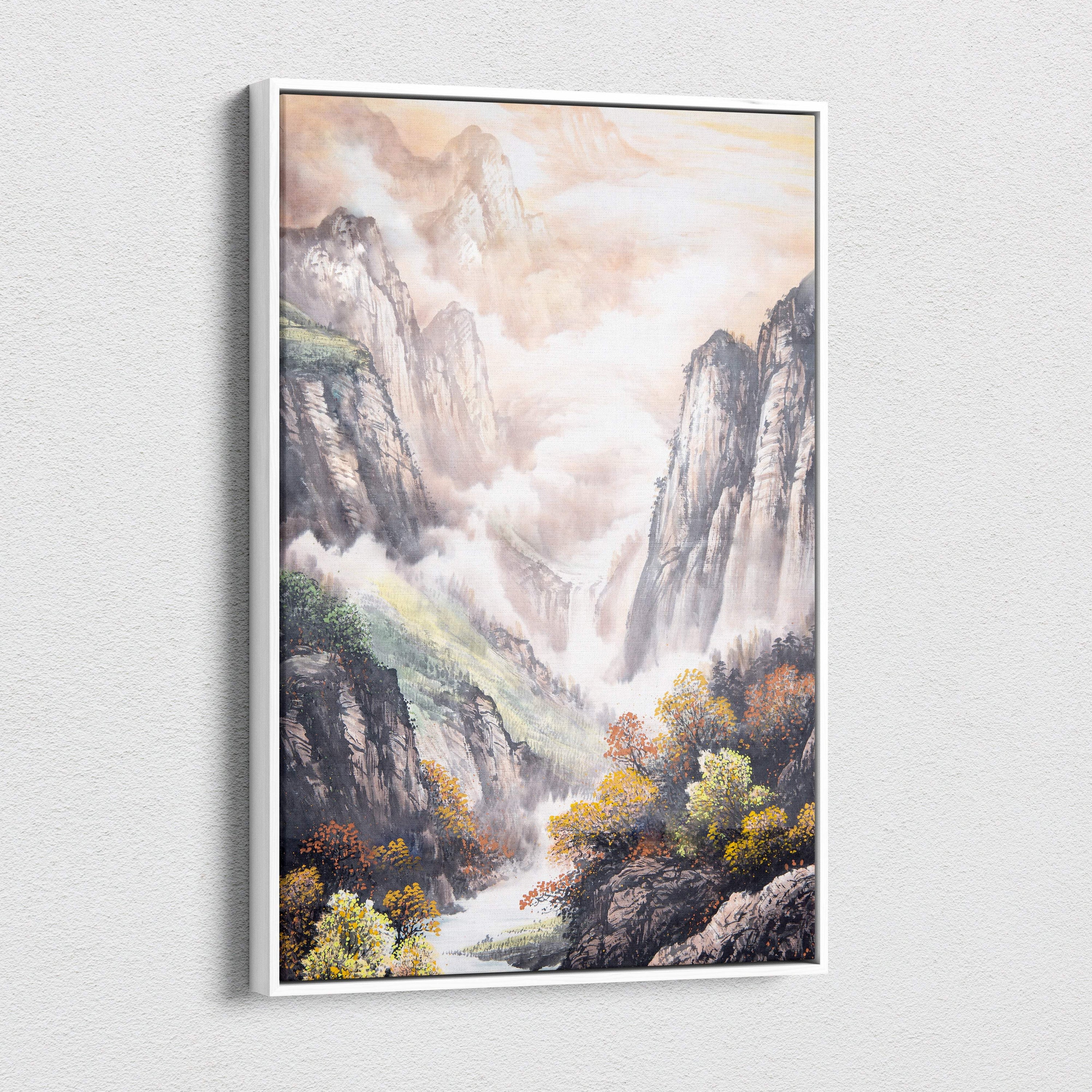 A framed canvas print of asian mountain landscape with misty mountains autumn trees and flowing water in soft earth tones