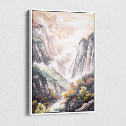 A framed canvas print of asian mountain landscape with misty mountains autumn trees and flowing water in soft earth tones