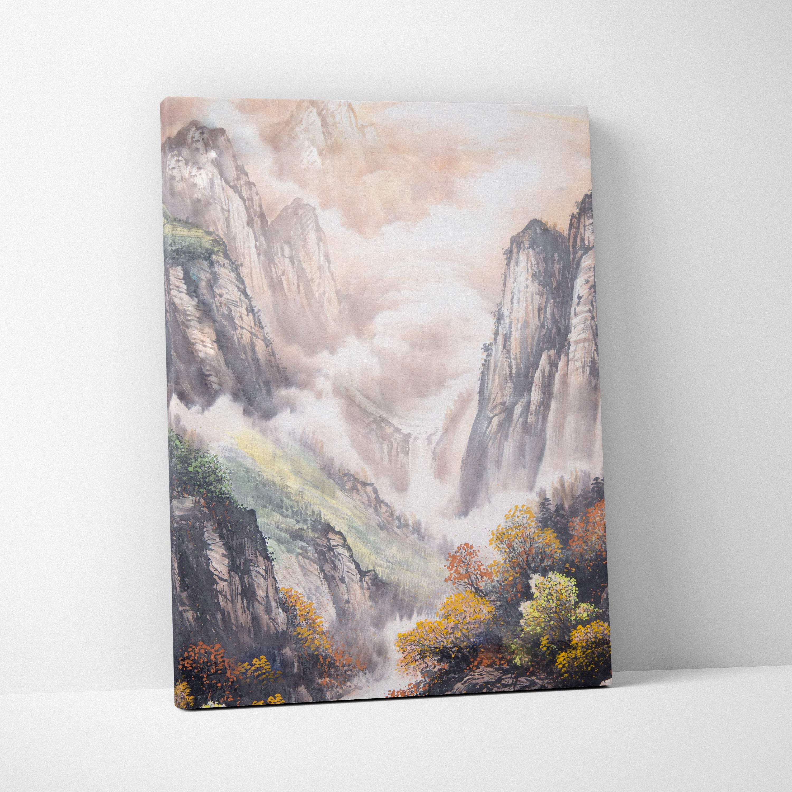 A rectangular canvas print of a traditional chinese ink wash landscape with misty mountains and soft orange clouds