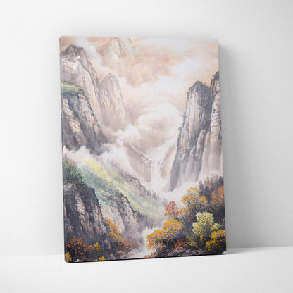 A rectangular canvas print of a traditional chinese ink wash landscape with misty mountains and soft orange clouds