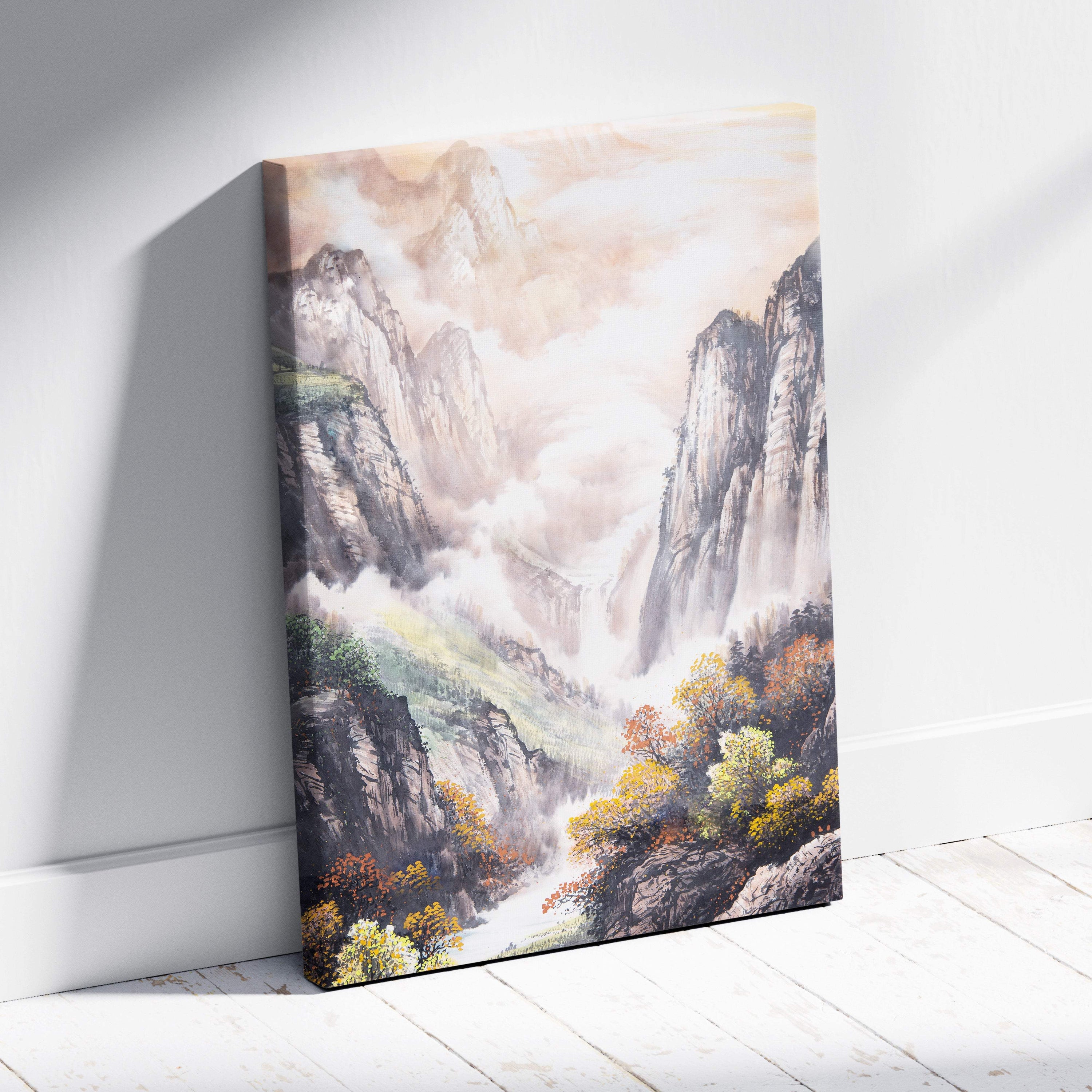 Asian mountain landscape canvas wall art featuring misty autumn trees and cliffs in soft watercolor tones for serene decor