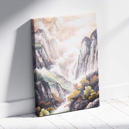 Asian mountain landscape canvas wall art featuring misty autumn trees and cliffs in soft watercolor tones for serene decor