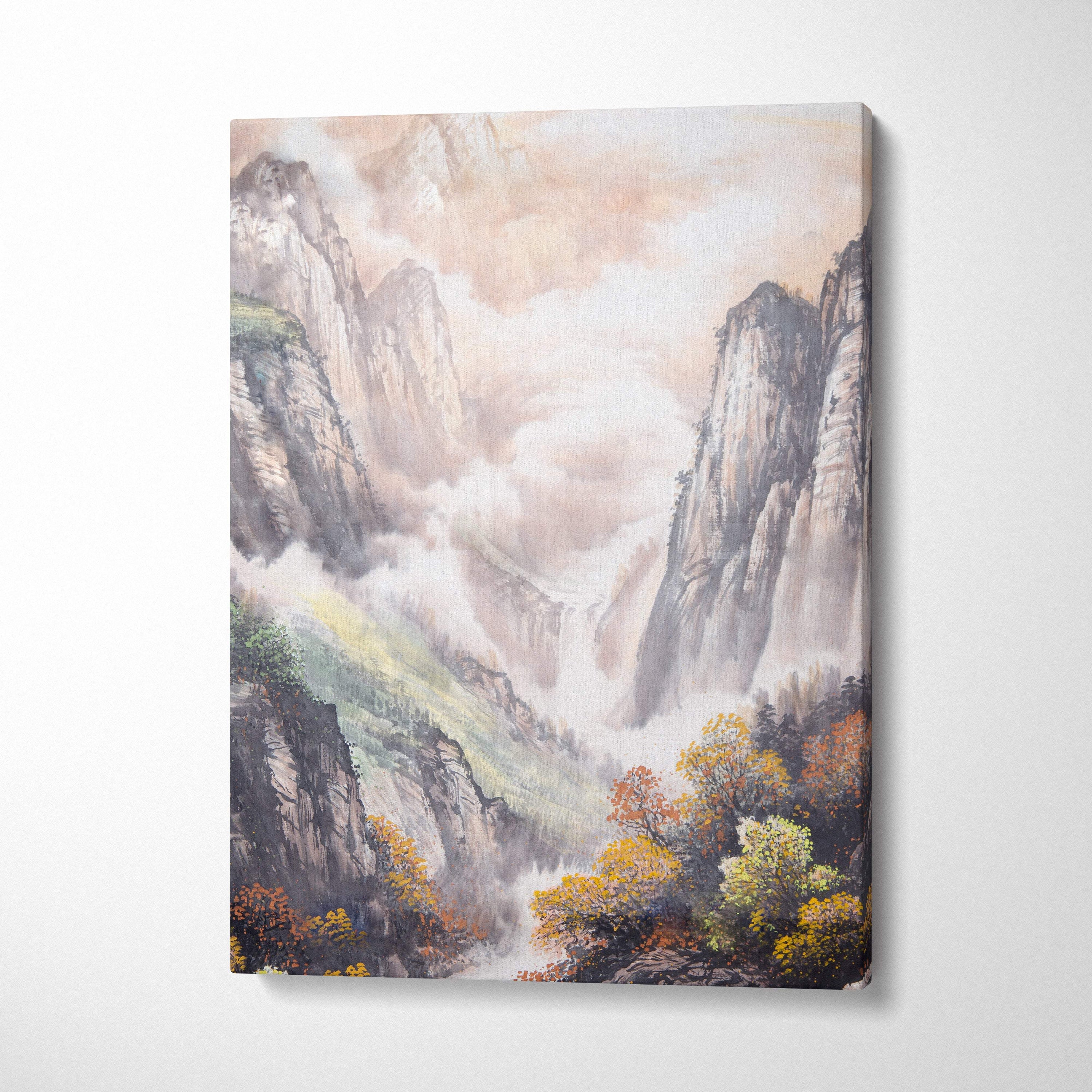 A rectangular canvas print of an asian mountain landscape in soft orange and earth tones for serene wall decor