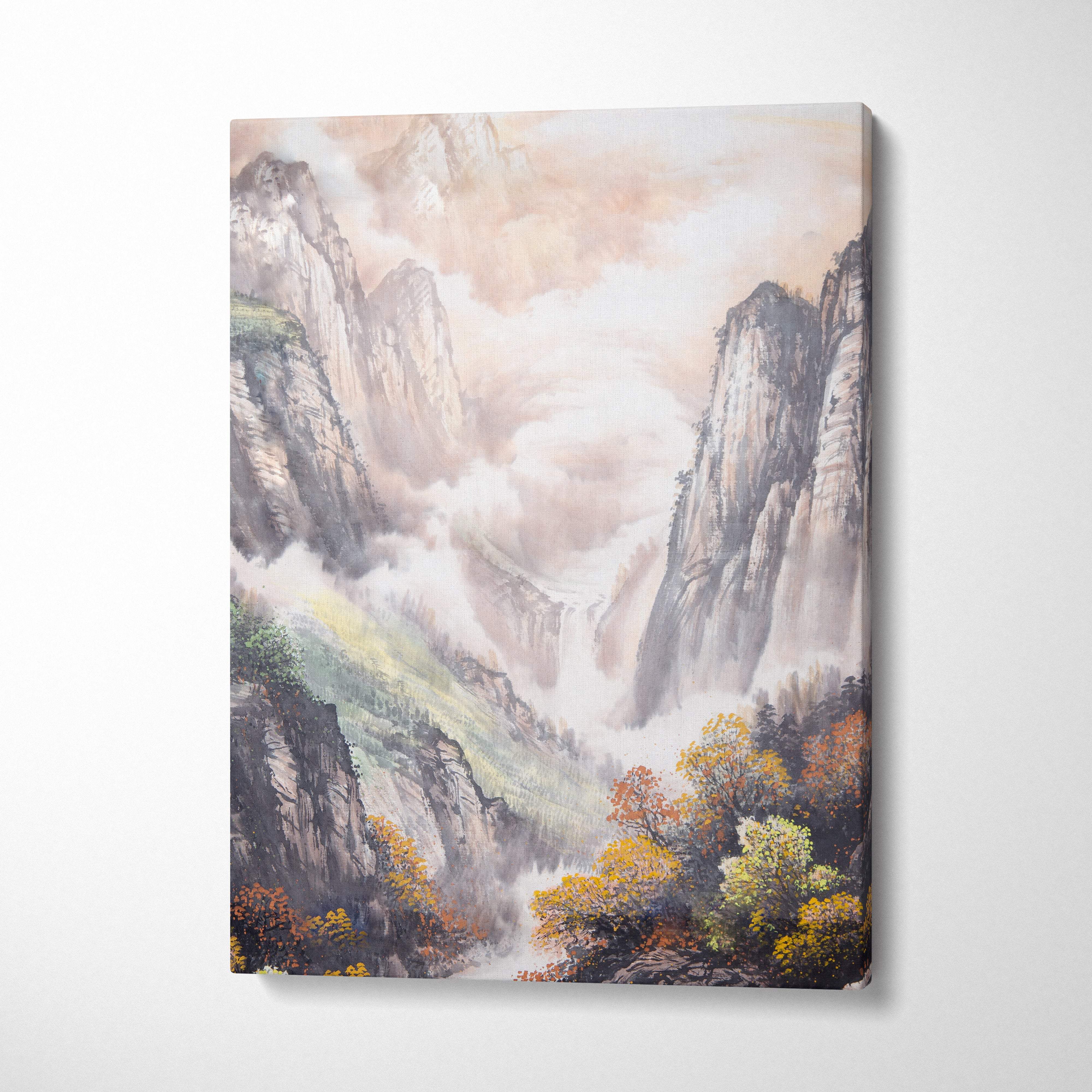 A rectangular canvas print of an asian mountain landscape in soft orange and earth tones for serene wall decor