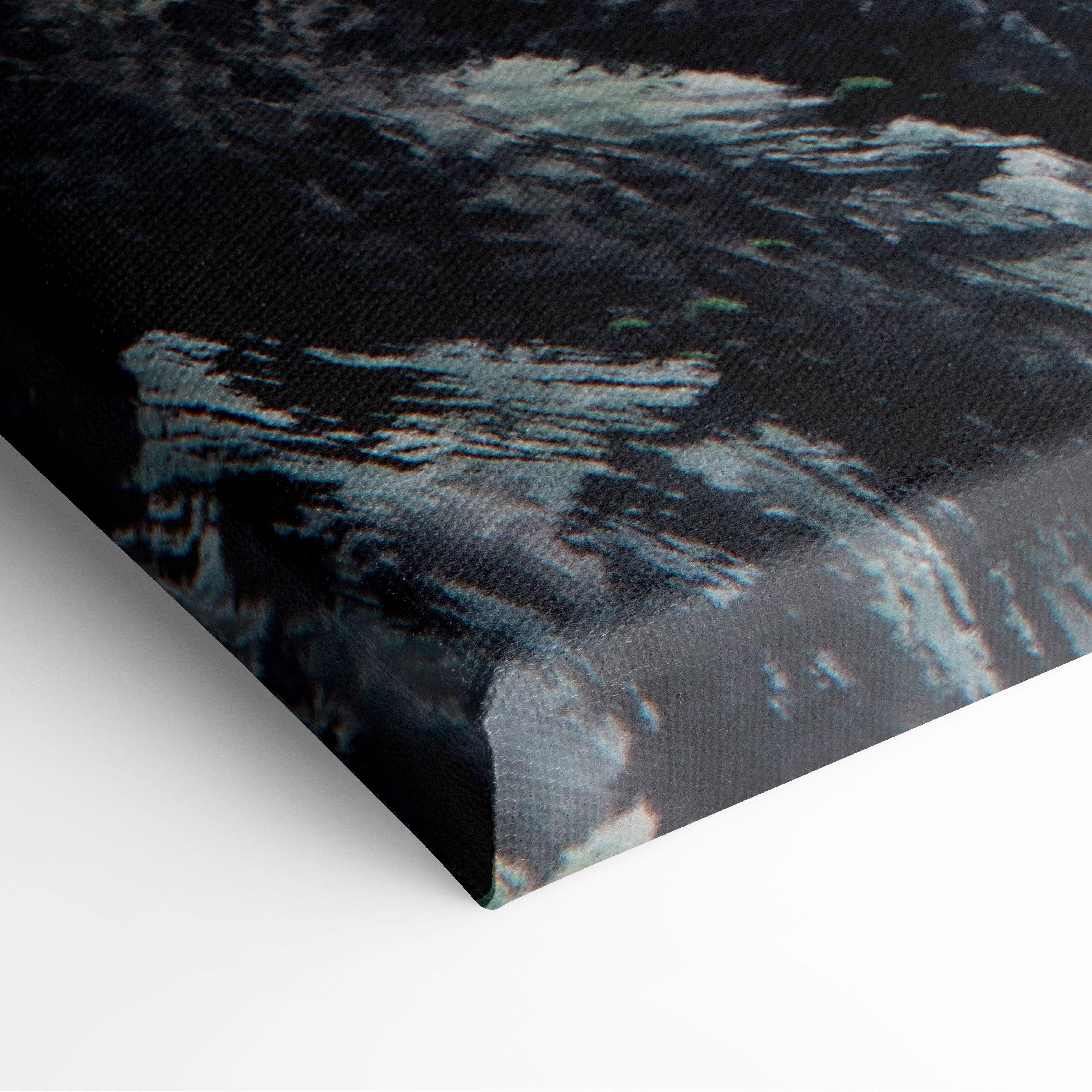 Black canvas mountain valley wall art with gray green textured abstract landscape in asian watercolor style