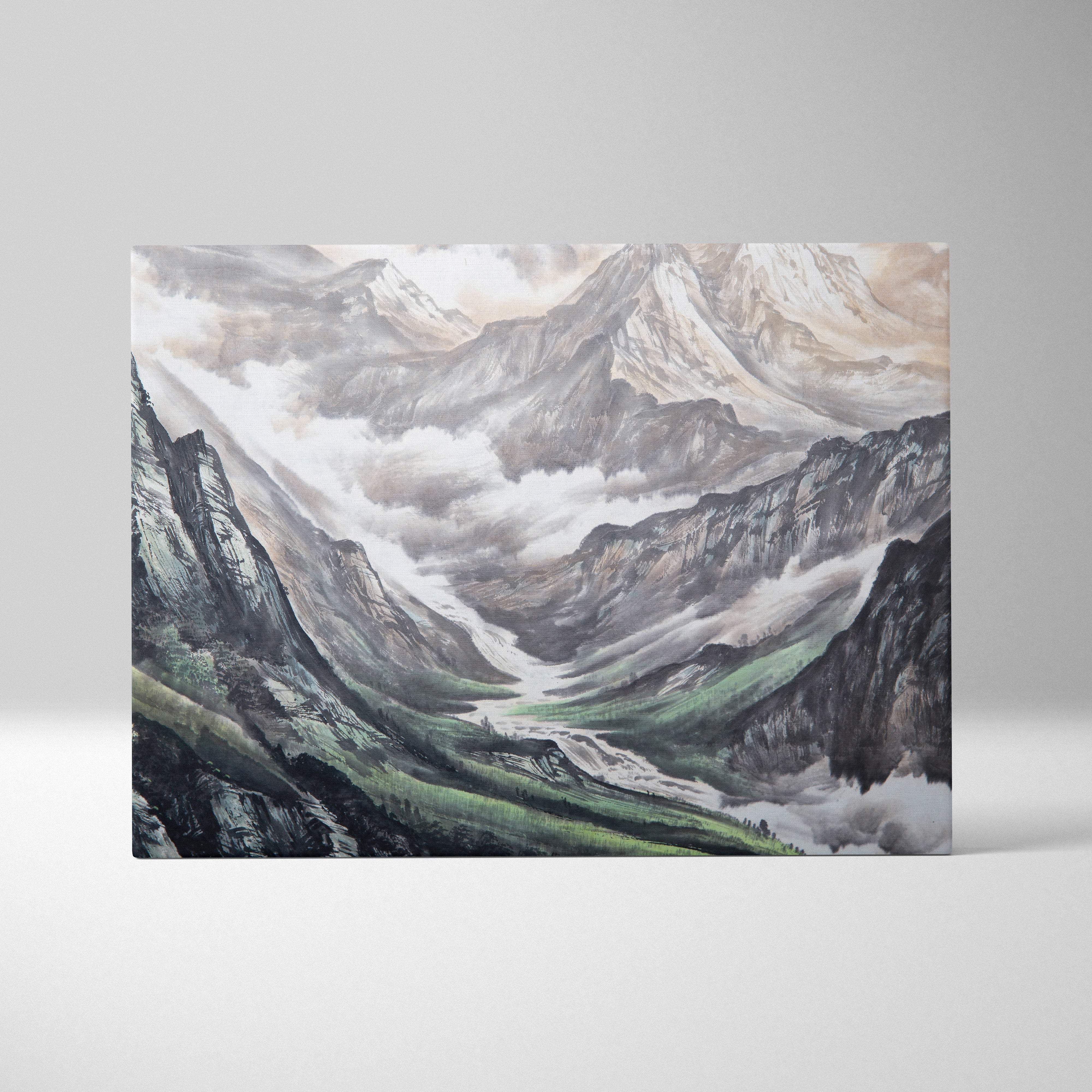 A rectangular canvas print of gray green ink wash painting featuring snow-capped mountains and misty valleys