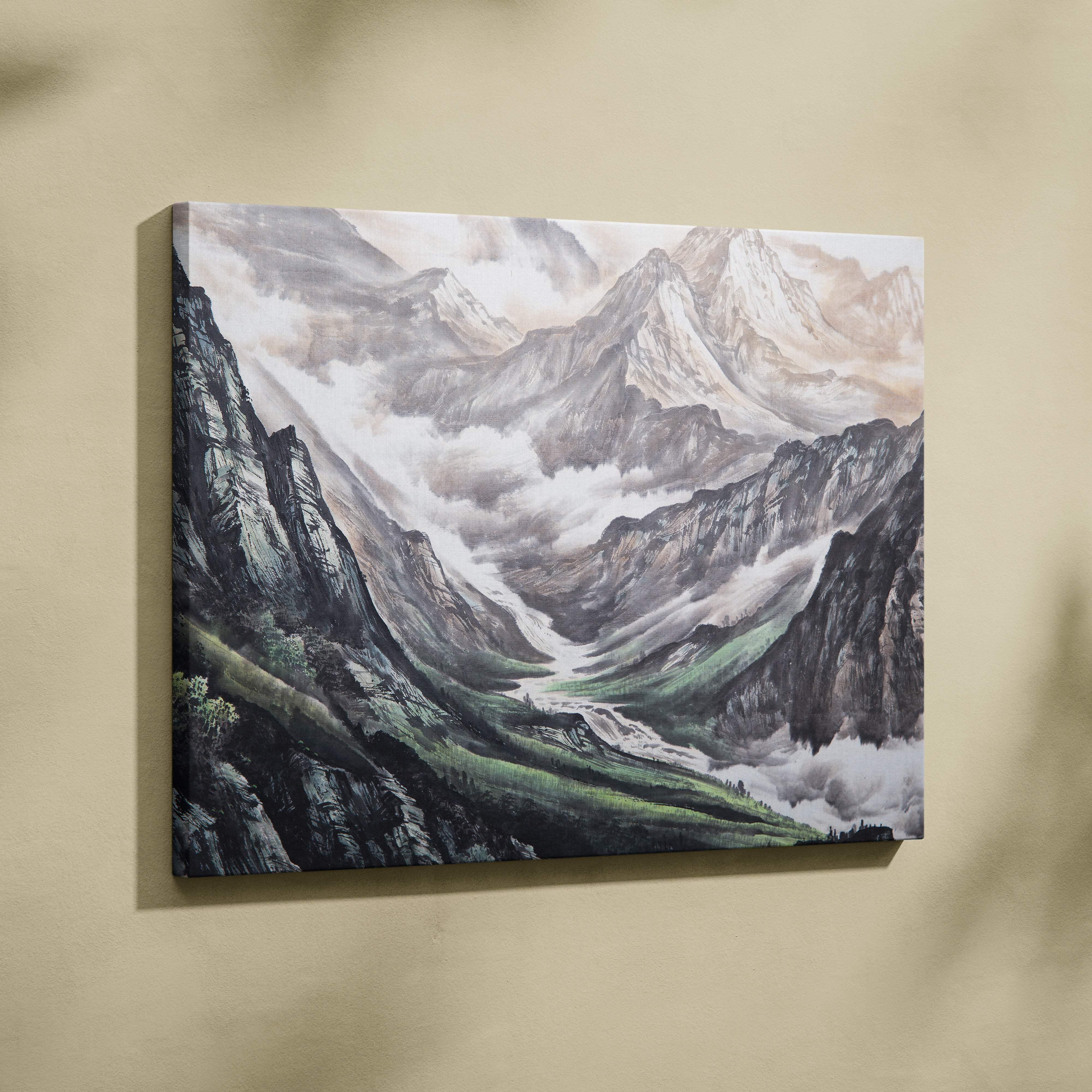 A framed canvas print of misty mountain valley with rugged peaks and green slopes in gray green asian watercolor style