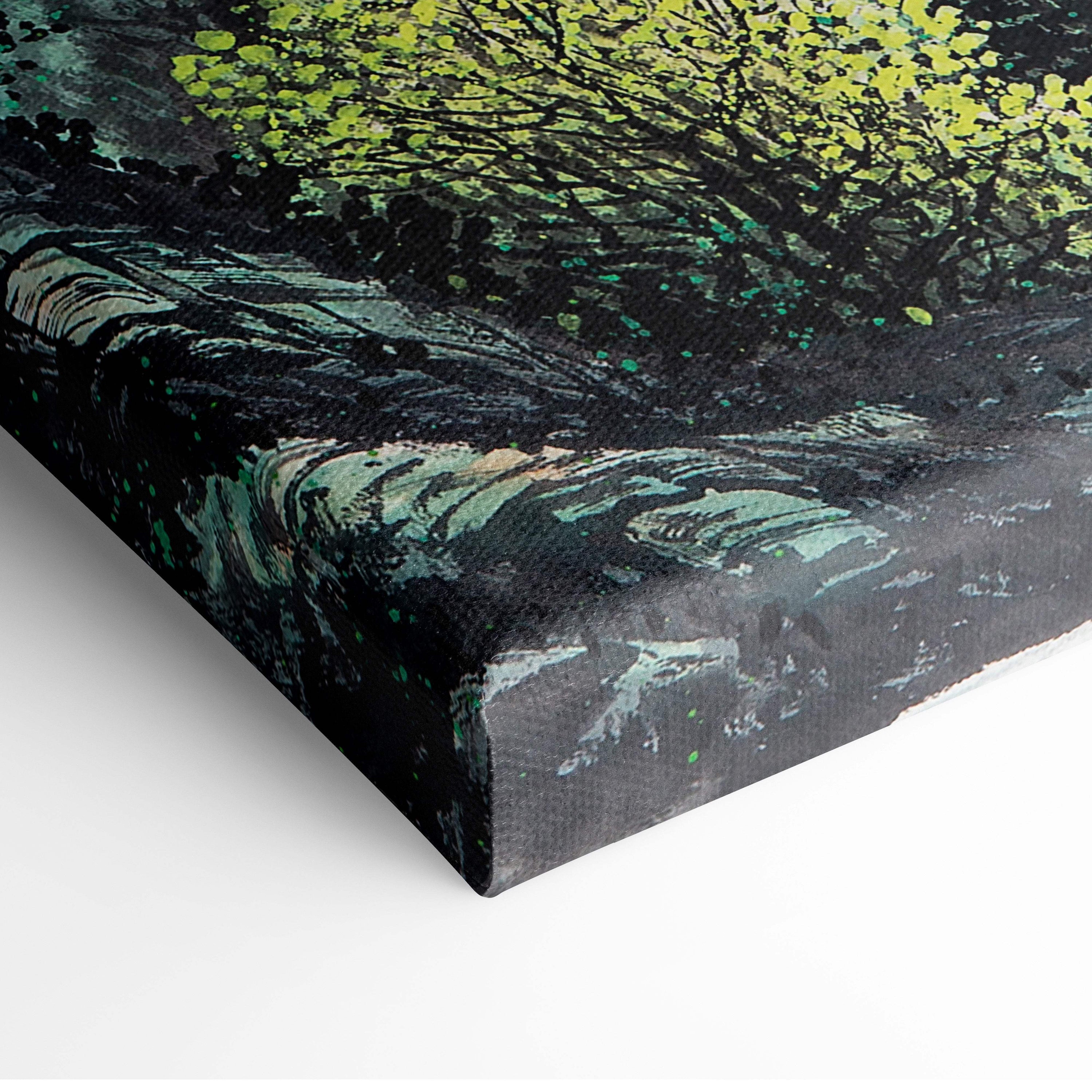 Great wall mountain landscape canvas wall art with textured impressionistic dark green waves and vibrant lime foliage