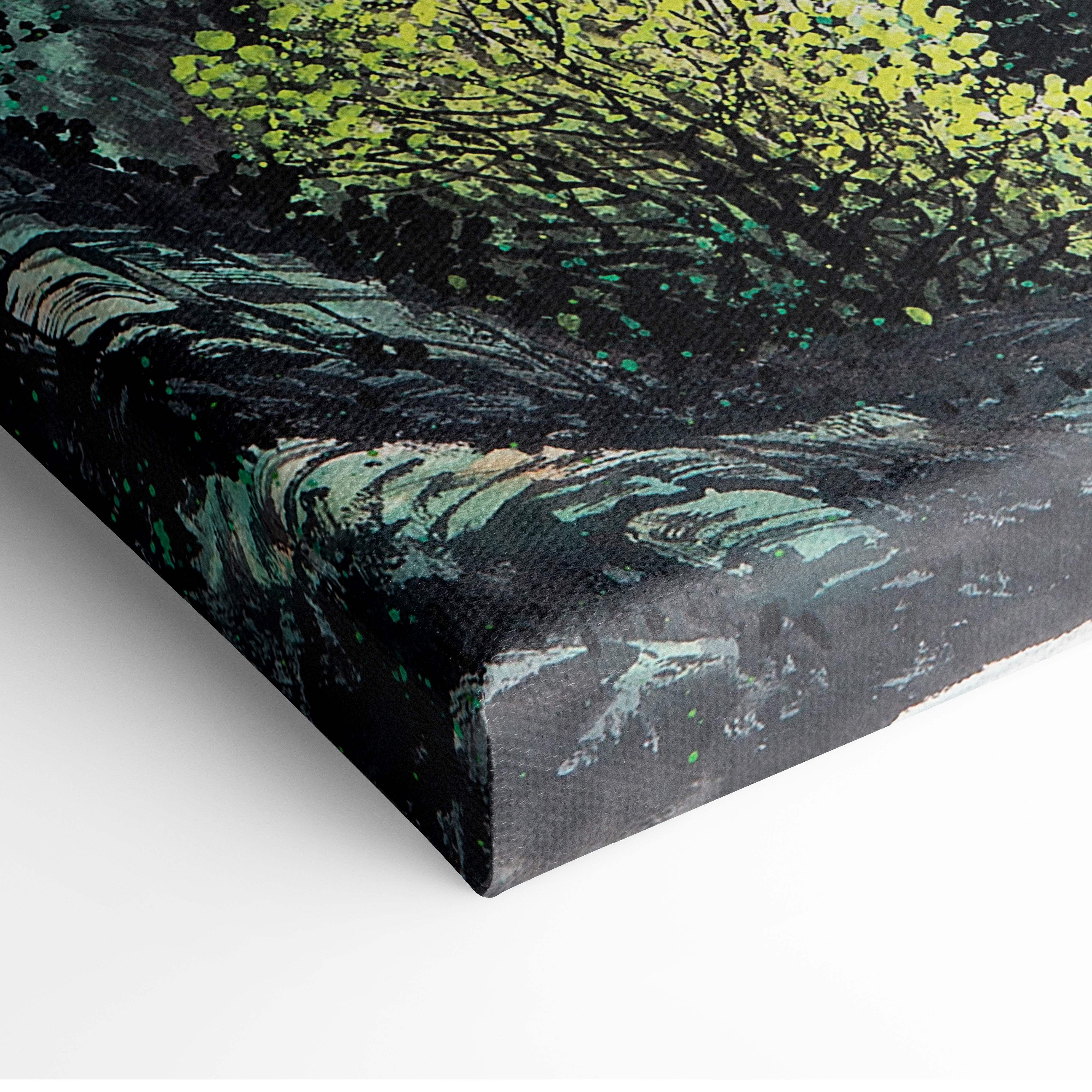Great wall mountain landscape canvas wall art with textured impressionistic dark green waves and vibrant lime foliage