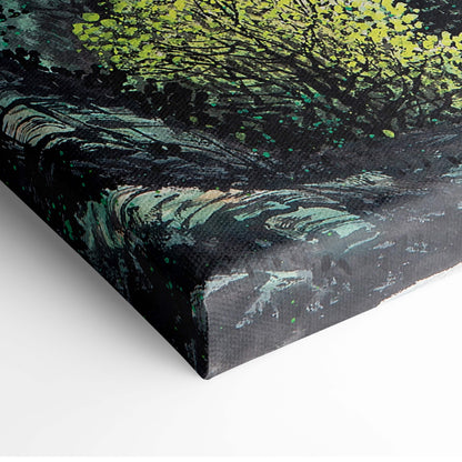 Great wall mountain landscape canvas wall art with textured impressionistic dark green waves and vibrant lime foliage