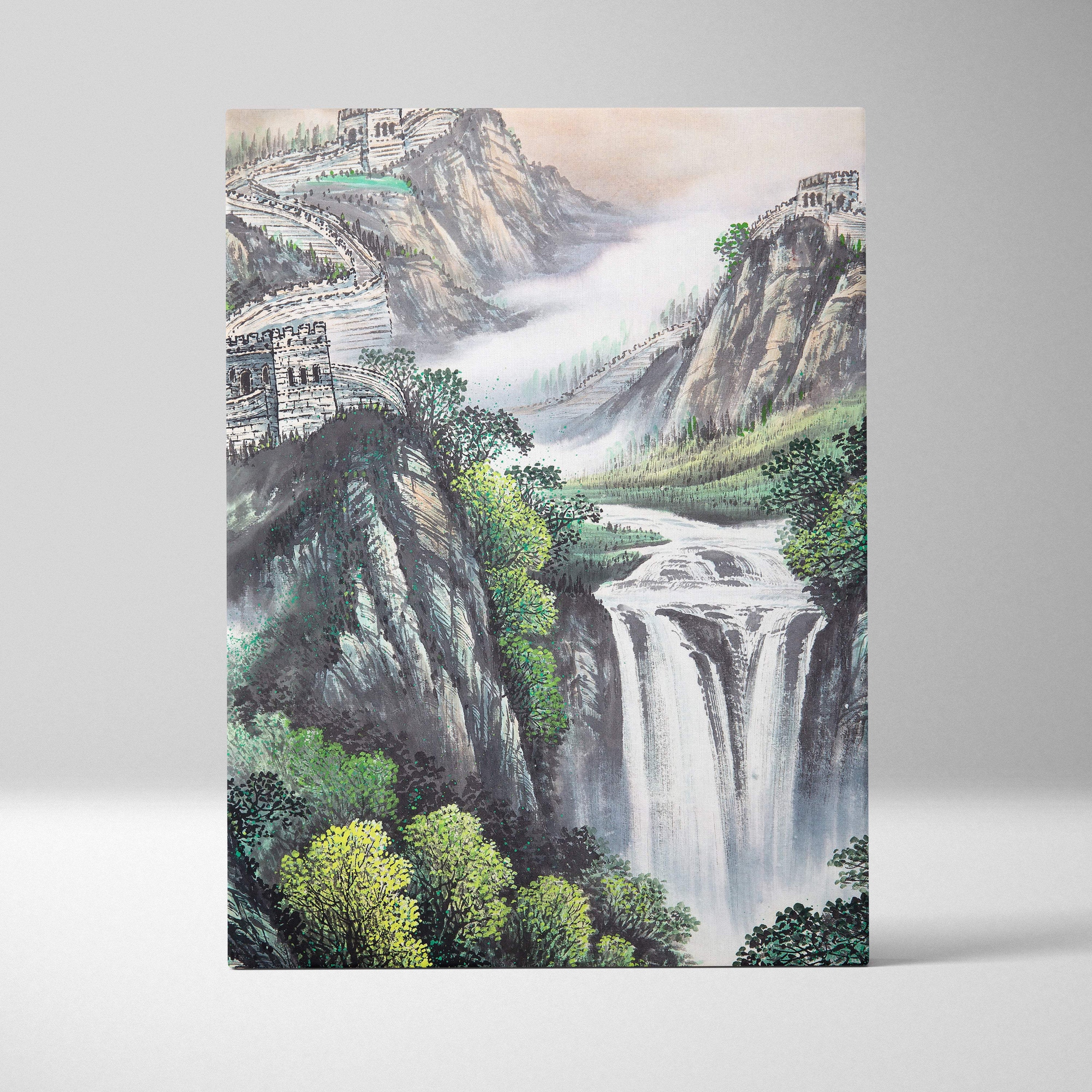 Great wall mountain landscape canvas wall art with green orange sunrise waterfall and traditional asian ink painting style