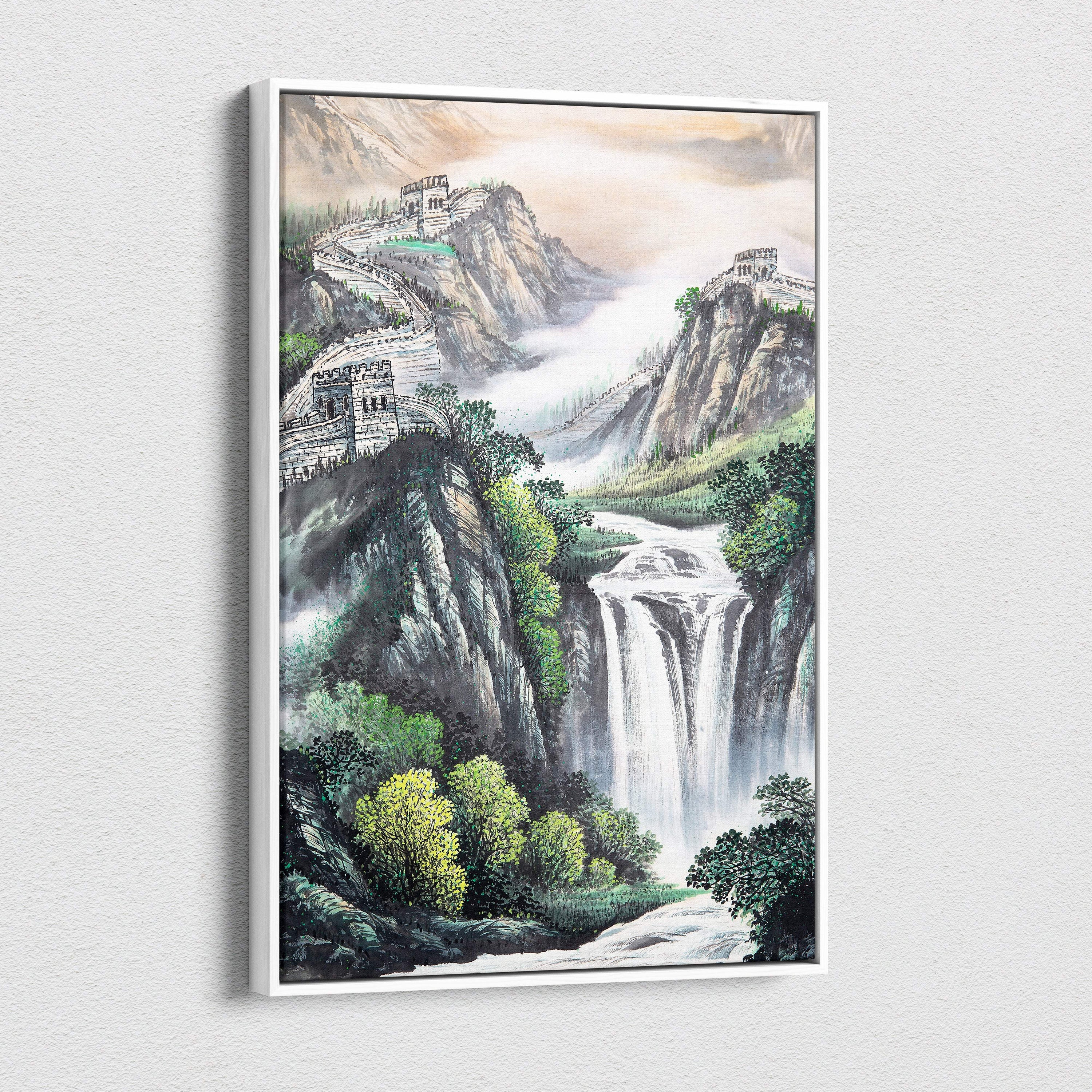 A framed chinese ink wash canvas wall art featuring a green orange sunrise waterfall and the great wall in misty mountains