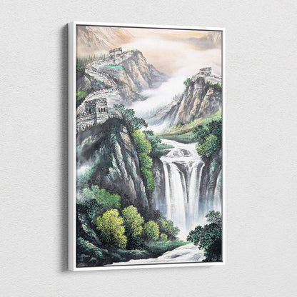 A framed chinese ink wash canvas wall art featuring a green orange sunrise waterfall and the great wall in misty mountains