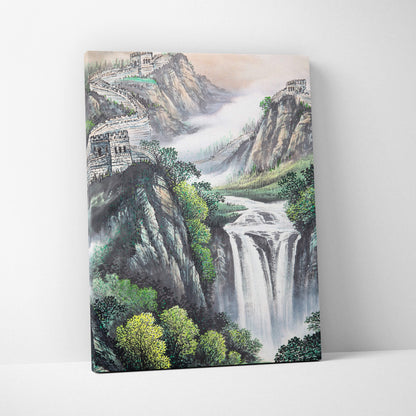 Great wall mountain landscape canvas wall art featuring a green orange sunrise waterfall in chinese ink wash style for living room decor