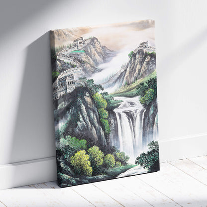 A framed canvas print of the great wall landscape in green orange sunrise tones on textured fabric for living room decor