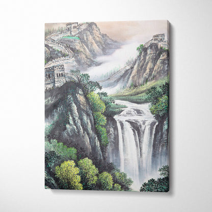 A framed canvas painting of a green orange sunrise waterfall and ancient stone fortifications in a serene mountain landscape