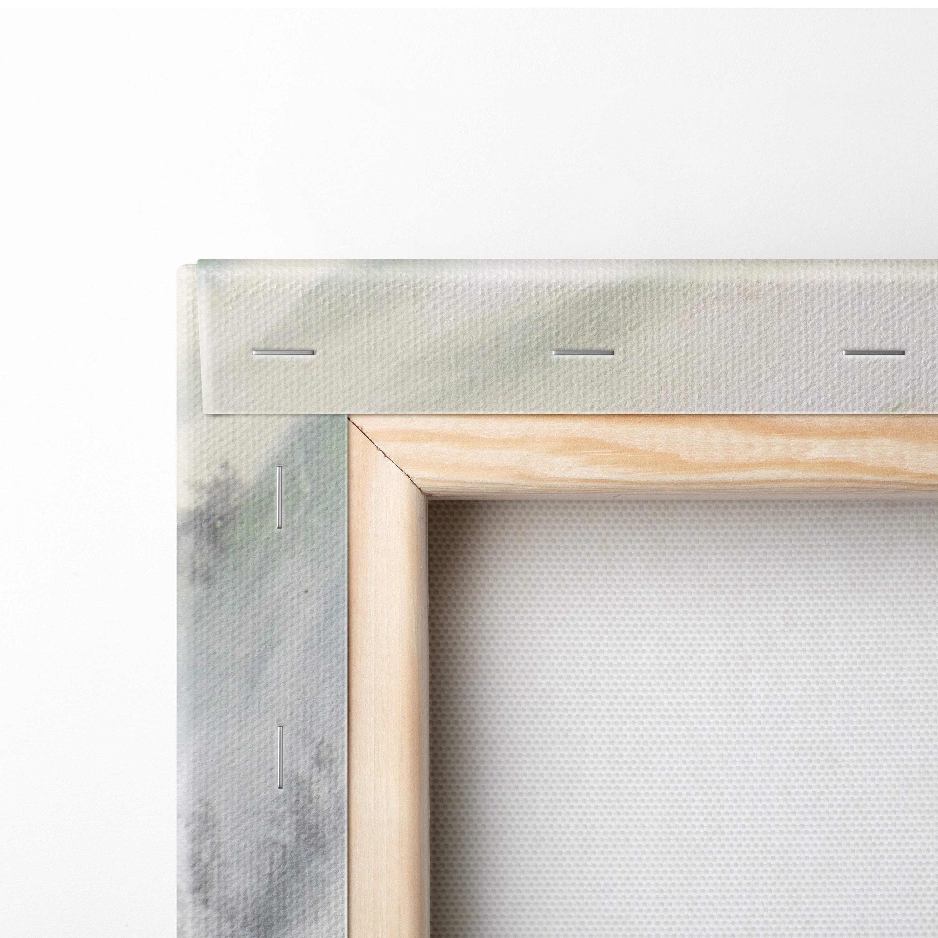 Light wooden frame with textured canvas and grayish-green accents backing pink blossom mountain landscape wall art