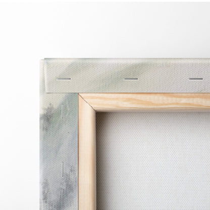 Light wooden frame with textured canvas and grayish-green accents backing pink blossom mountain landscape wall art