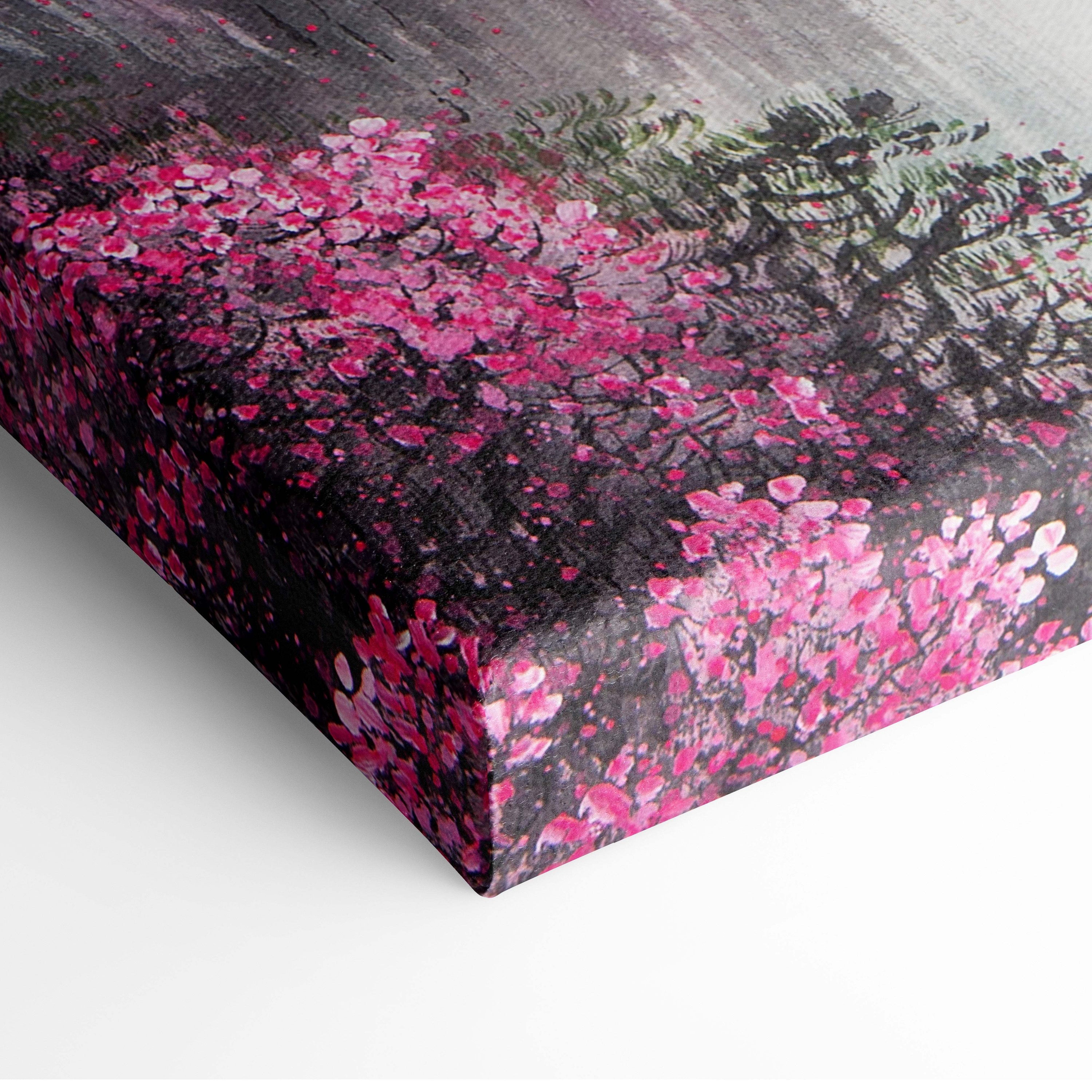 Pink blossom mountain landscape canvas wall art with vibrant pink blossoms dark branches and muted green foliage in zen style