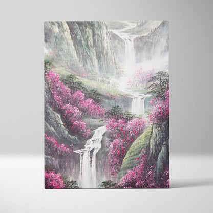 Rectangular canvas print of pink blossom mountain landscape with waterfalls in asian ink painting style for zen decor
