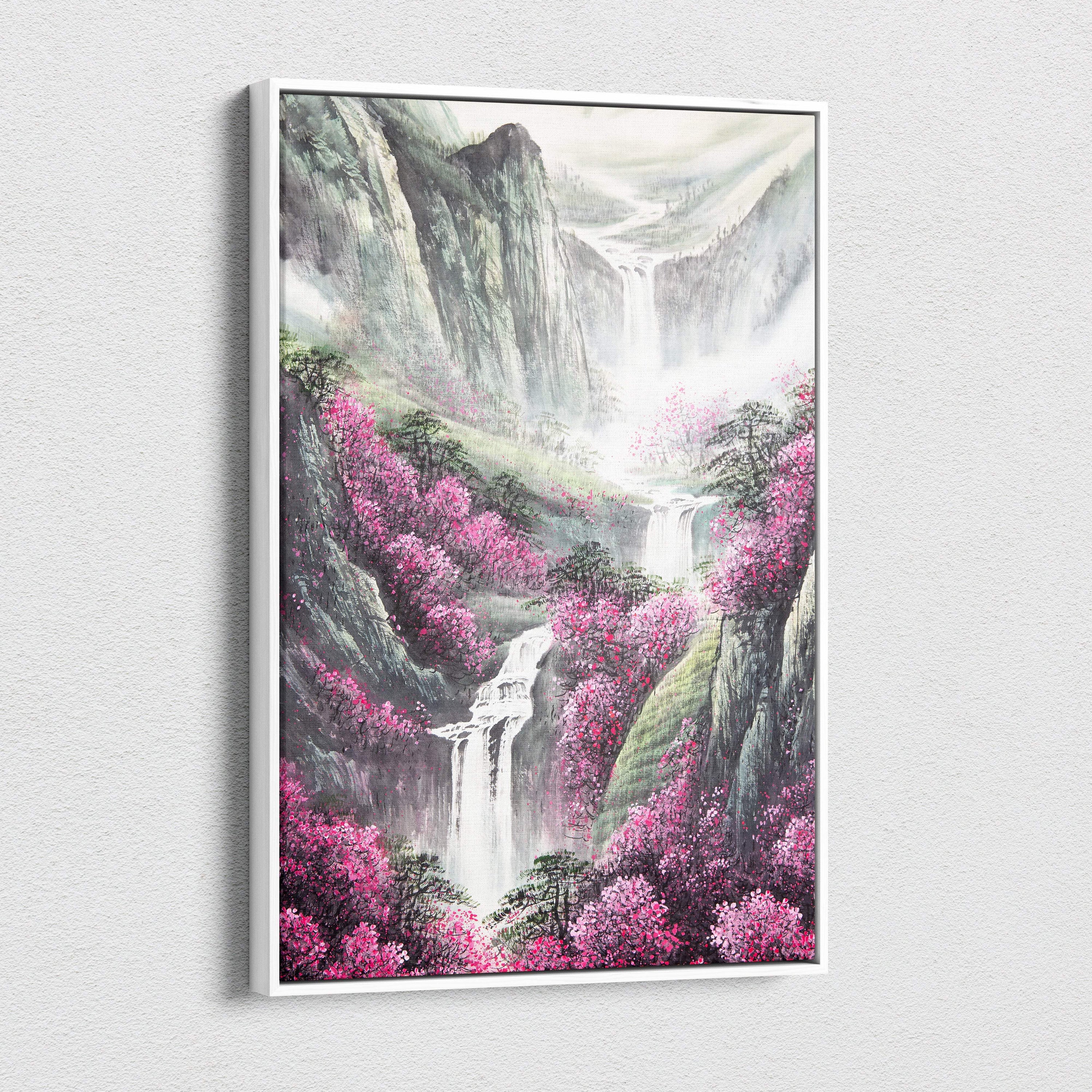 Framed canvas painting of misty mountain landscape with waterfalls and vibrant pink blossoms in asian ink style