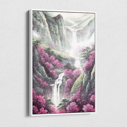 Framed canvas painting of misty mountain landscape with waterfalls and vibrant pink blossoms in asian ink style