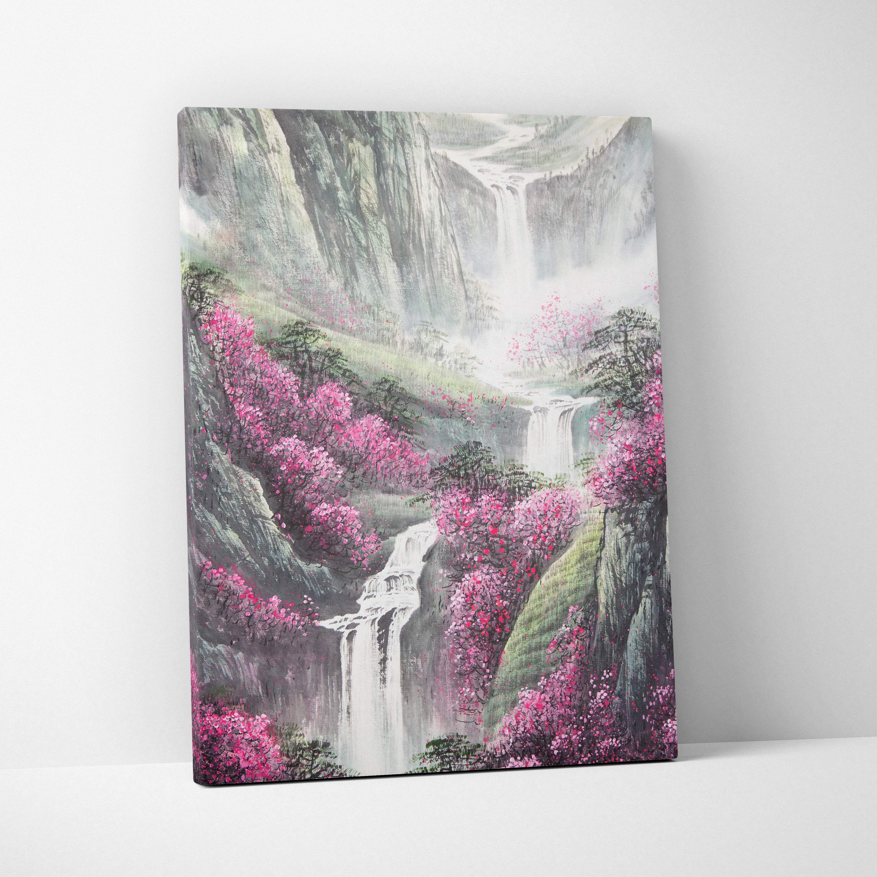 Pink blossom mountain landscape canvas wall art with vibrant waterfall and misty mountains in asian ink painting style