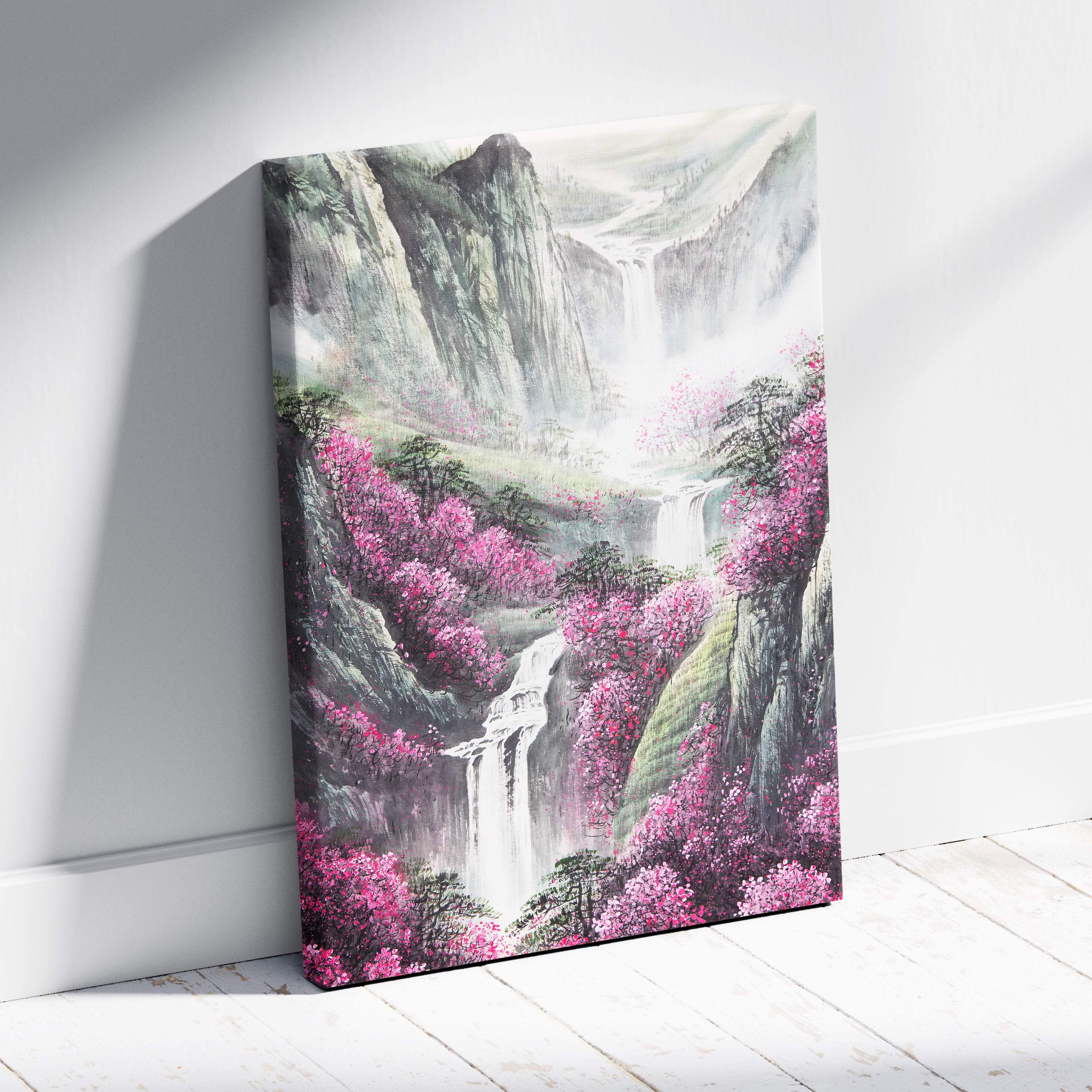 Vibrant pink blossom mountain landscape canvas print with misty waterfalls in asian ink painting style for wall art