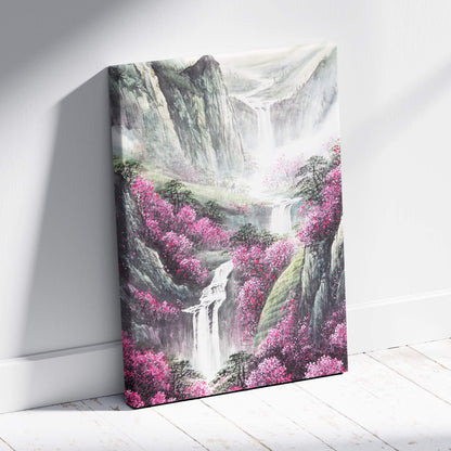 Vibrant pink blossom mountain landscape canvas print with misty waterfalls in asian ink painting style for wall art
