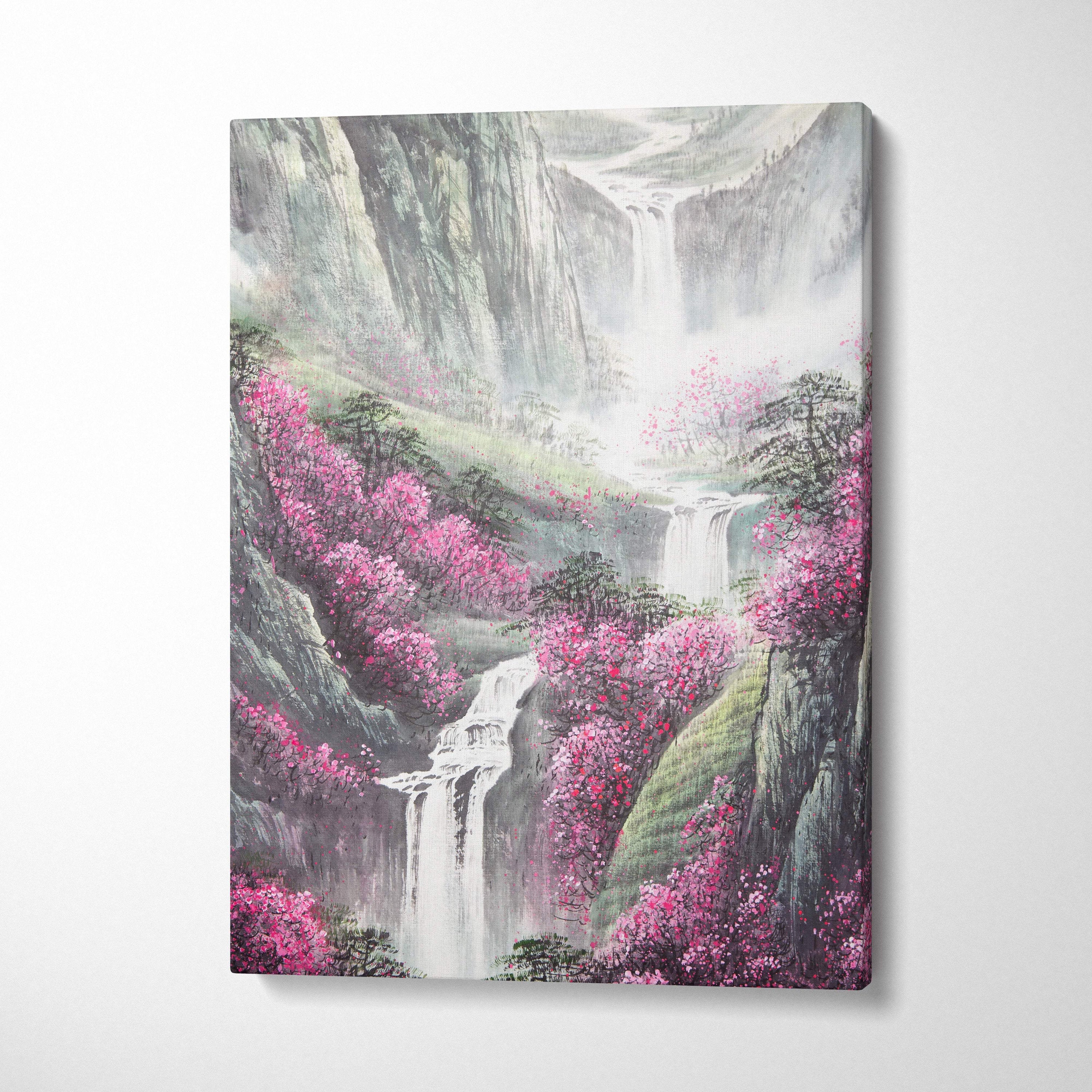 Pink blossom mountain landscape canvas wall art with vibrant pink blossoms and cascading waterfalls on misty cliffs