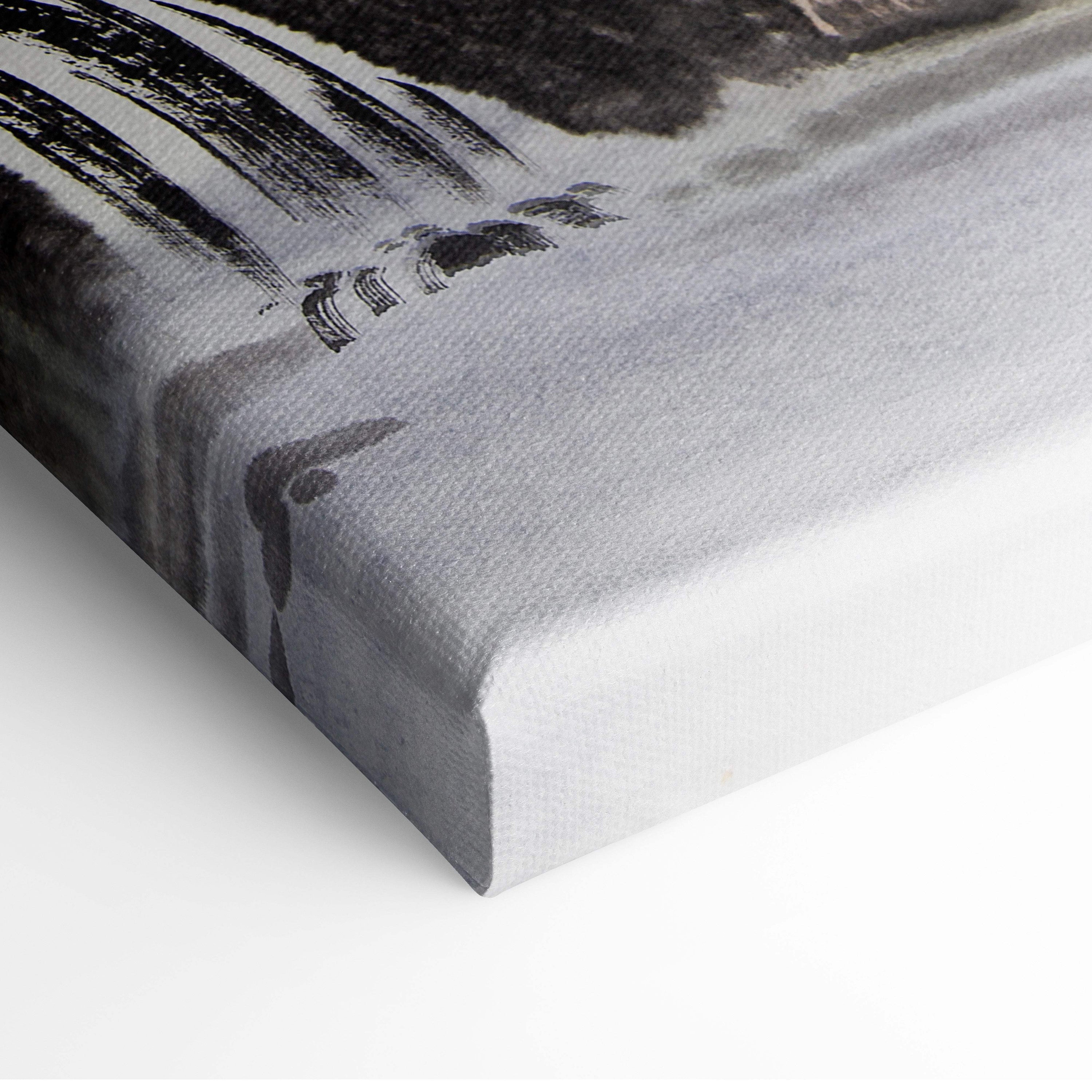 Black and gray abstract canvas print with textured brushstrokes misty green mountain lake asian ink painting style wall art