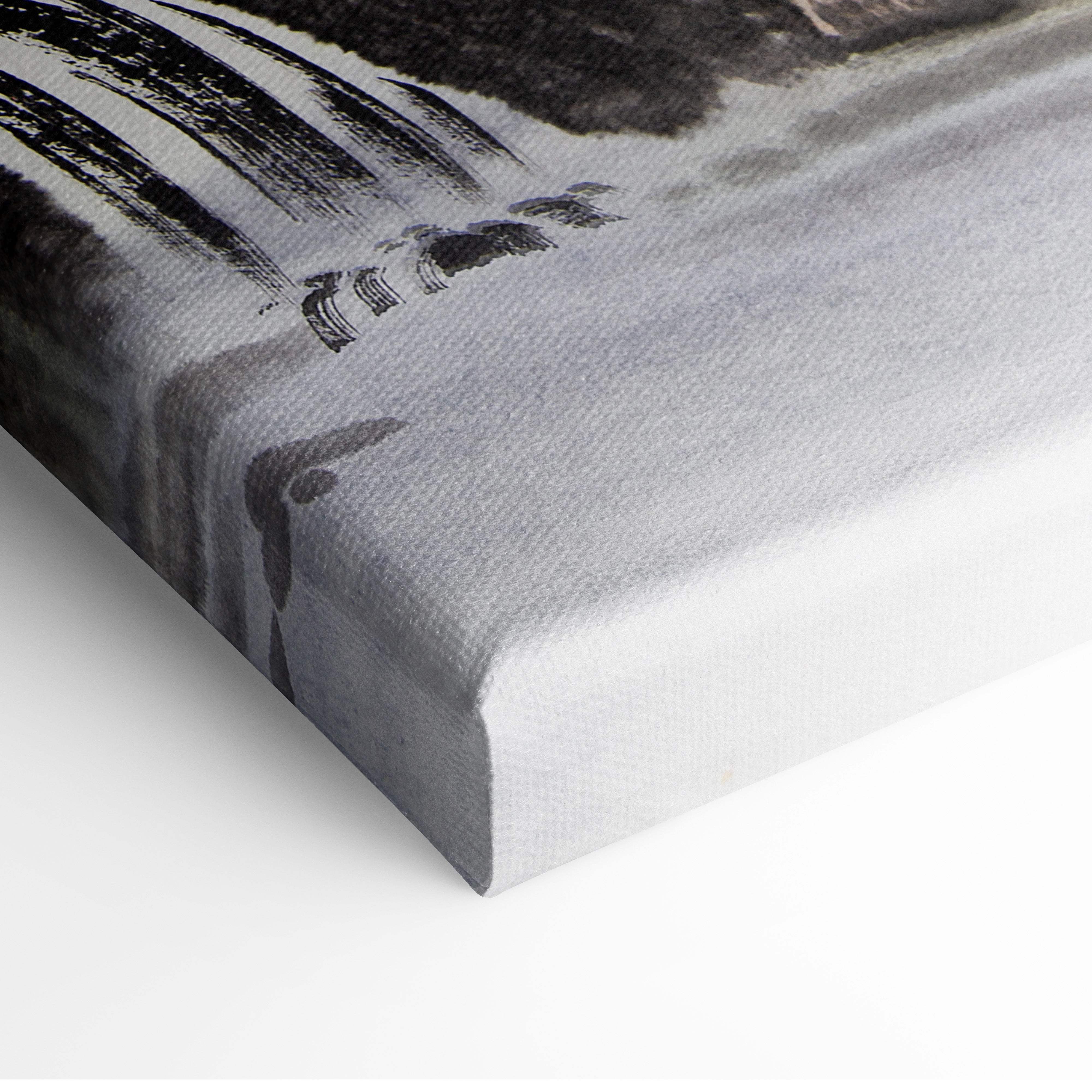 Black and gray abstract canvas print with textured brushstrokes misty green mountain lake asian ink painting style wall art