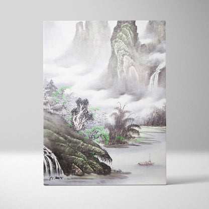 Misty green mountain lake canvas wall art featuring traditional Asian ink wash painting with misty mountains and waterfall