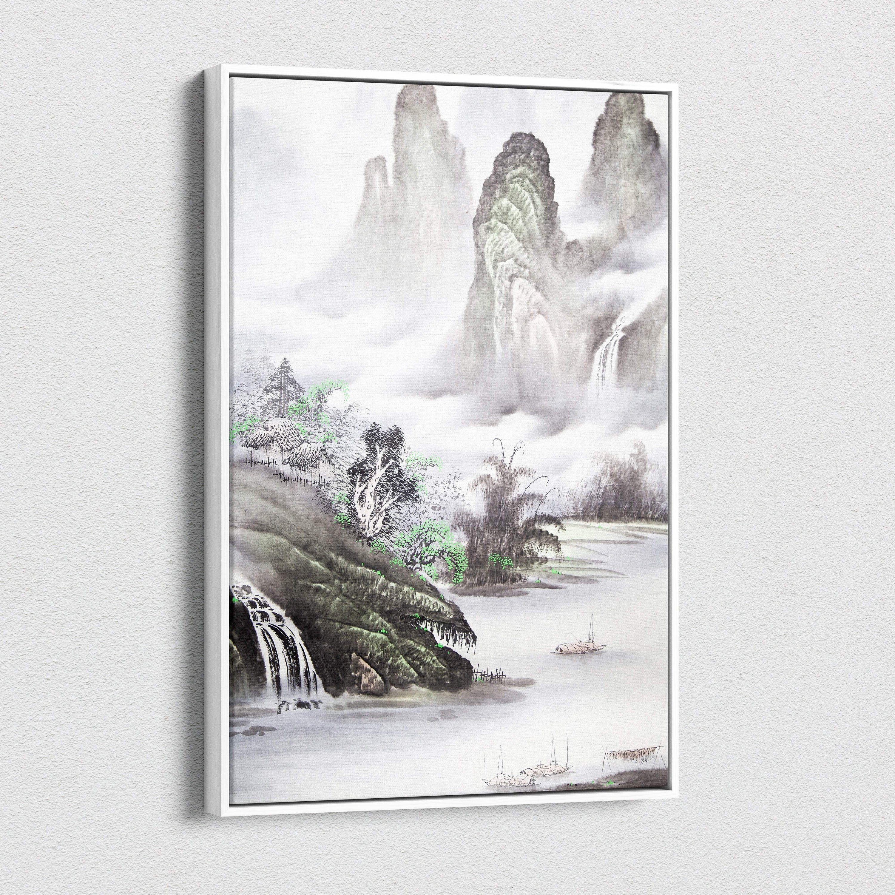 Framed misty green mountain lake canvas wall art with chinese ink wash landscape featuring waterfalls and boats