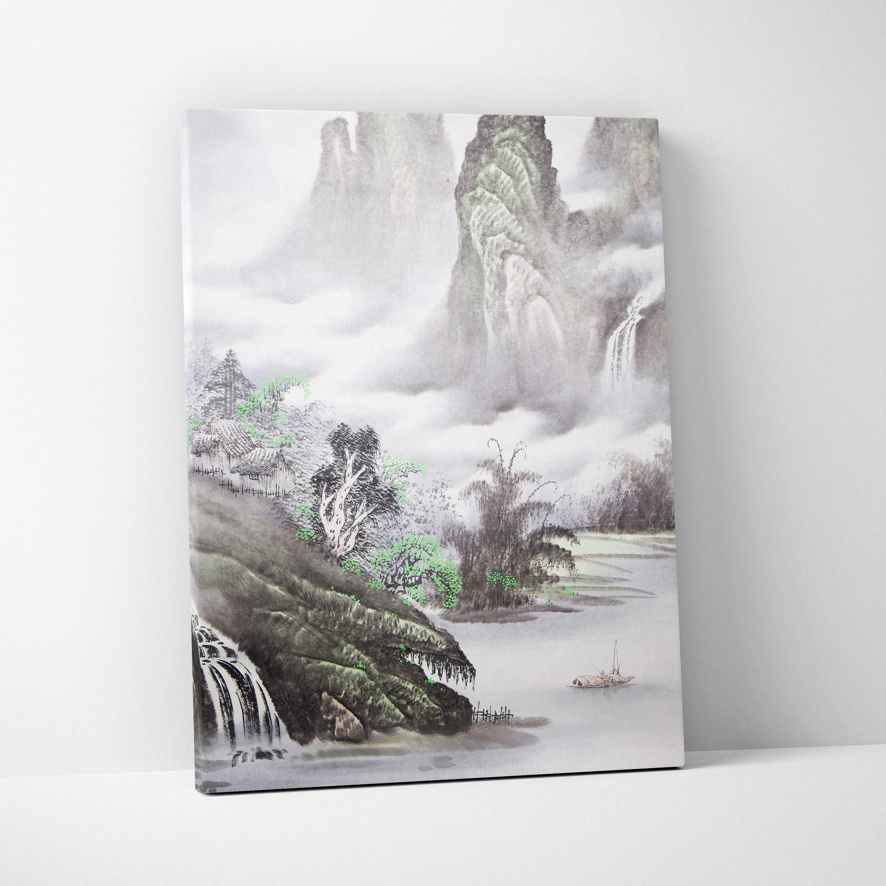 Misty green mountain lake canvas wall art featuring traditional asian ink painting style with misty mountains and waterfalls