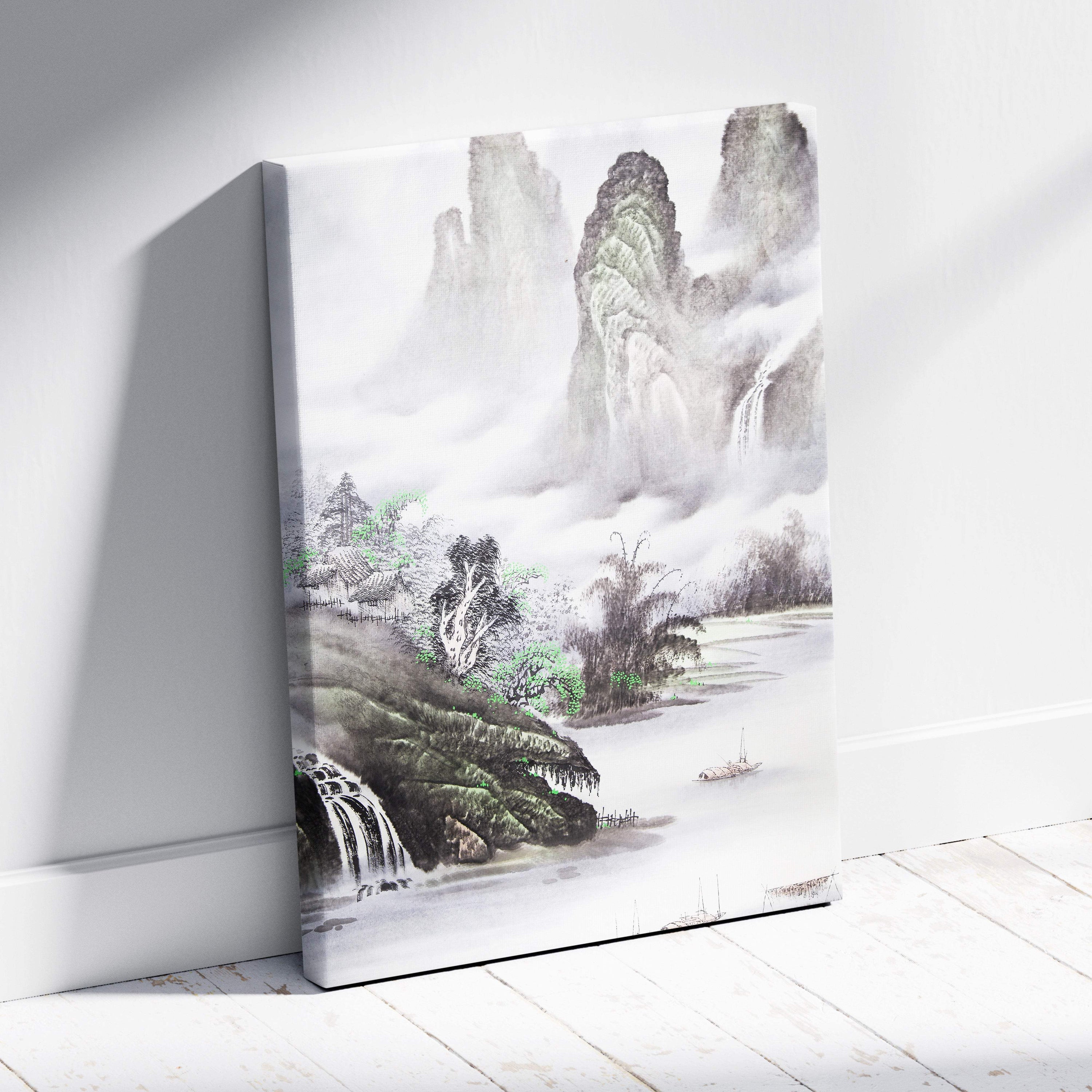 A framed canvas print of misty green mountain lake with waterfalls in asian ink painting style for wall decor