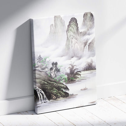 A framed canvas print of misty green mountain lake with waterfalls in asian ink painting style for wall decor