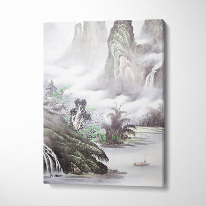 Misty green mountain lake canvas wall art with serene ink wash mountains waterfalls and river for living room decor