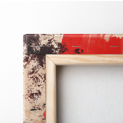 A rustic wooden canvas frame featuring distressed red and dark brown abstract paint in a rising sun samurai warrior design