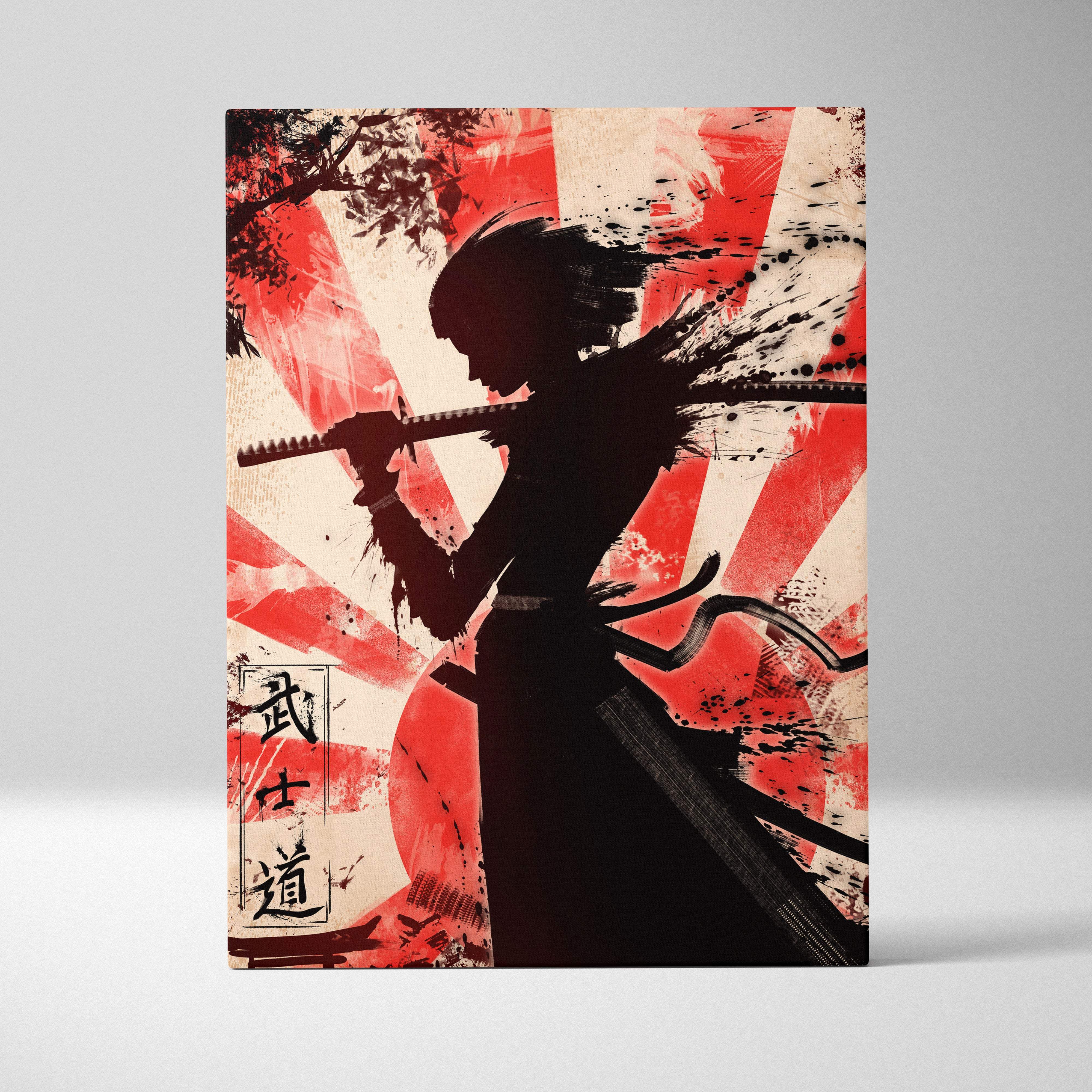 Red and black Japanese canvas art featuring a samurai katana silhouette with bushido characters and ink splatter design