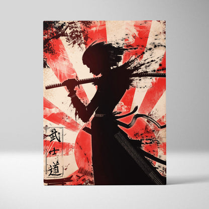 Red and black Japanese canvas art featuring a samurai katana silhouette with bushido characters and ink splatter design