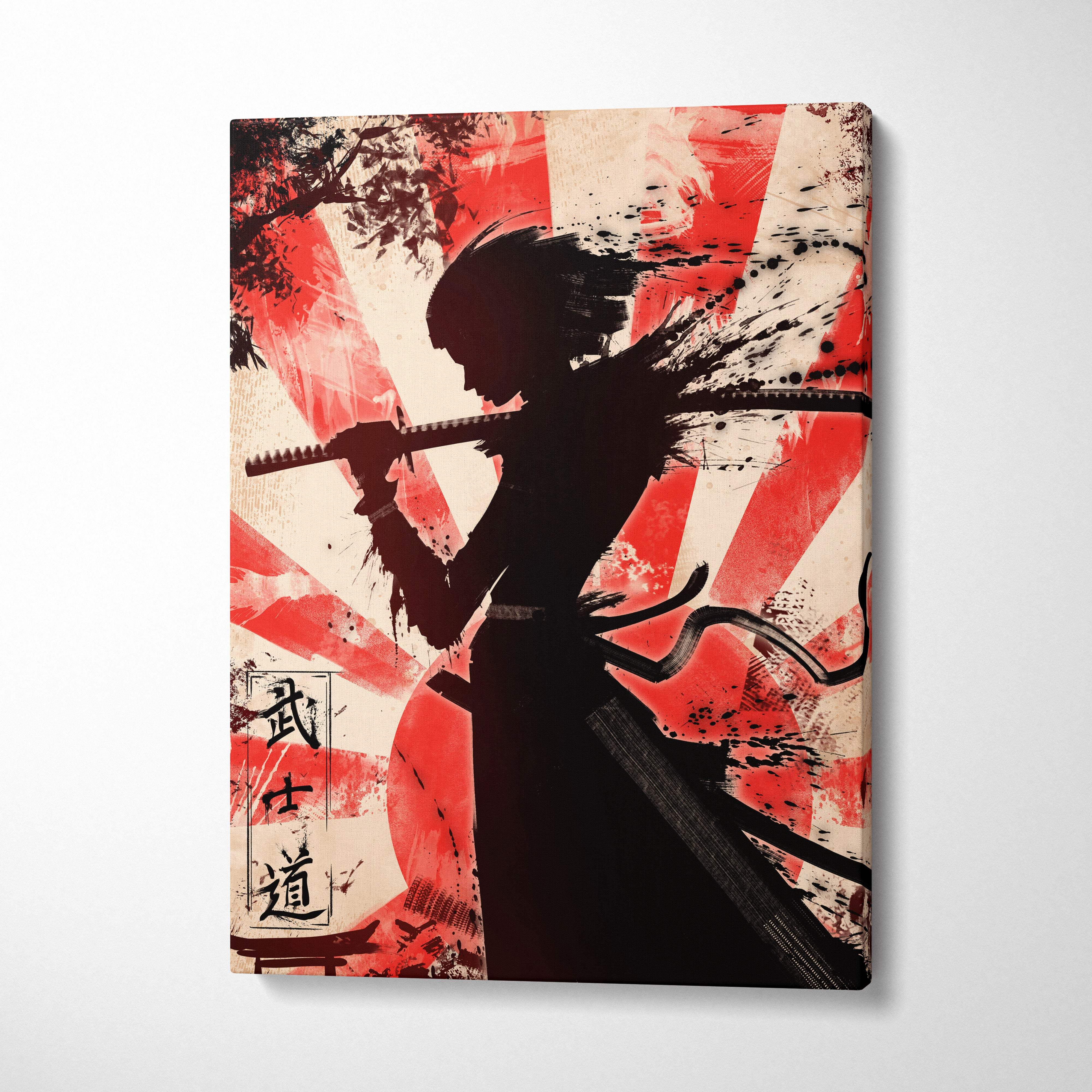 Black silhouette samurai with katana on red cream japanese flag rays rising sun samurai warrior canvas art