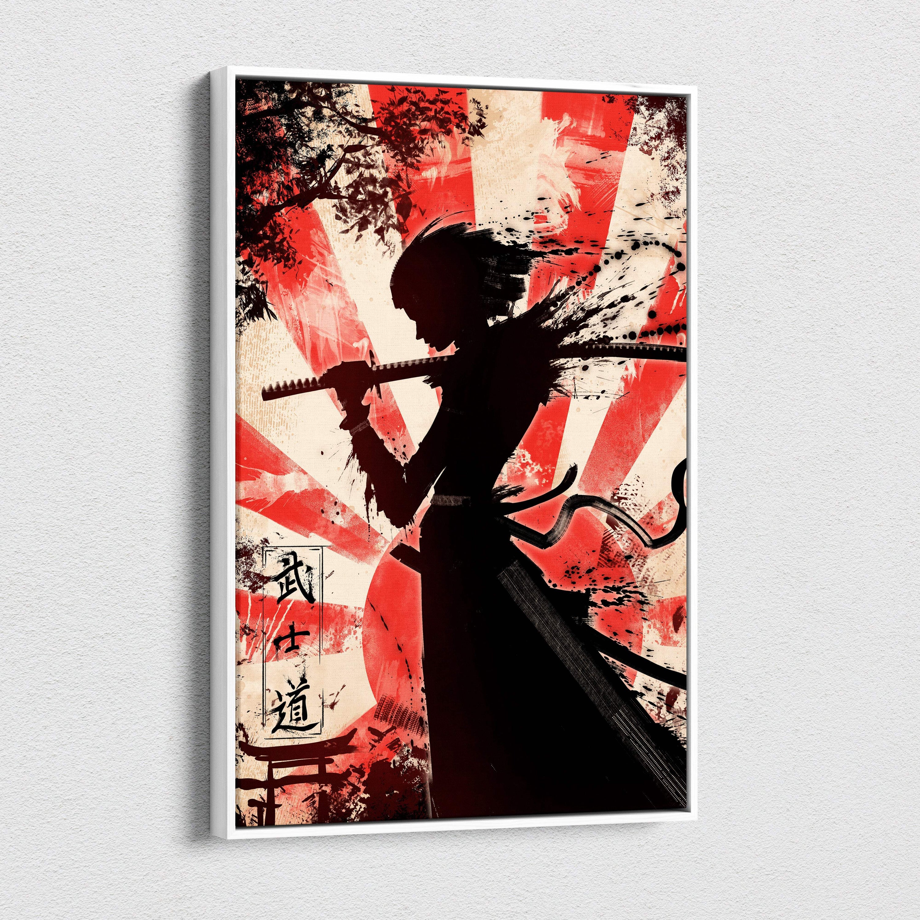 A framed canvas art of a black samurai silhouette with katana against a red cream sunburst and japanese calligraphy background
