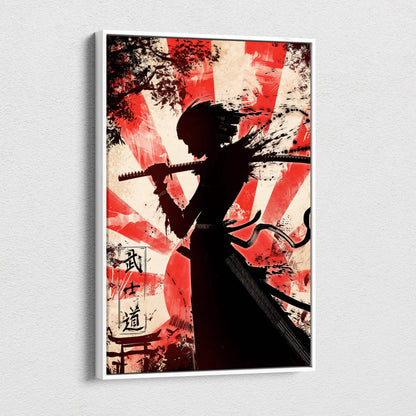 A framed canvas art of a black samurai silhouette with katana against a red cream sunburst and japanese calligraphy background