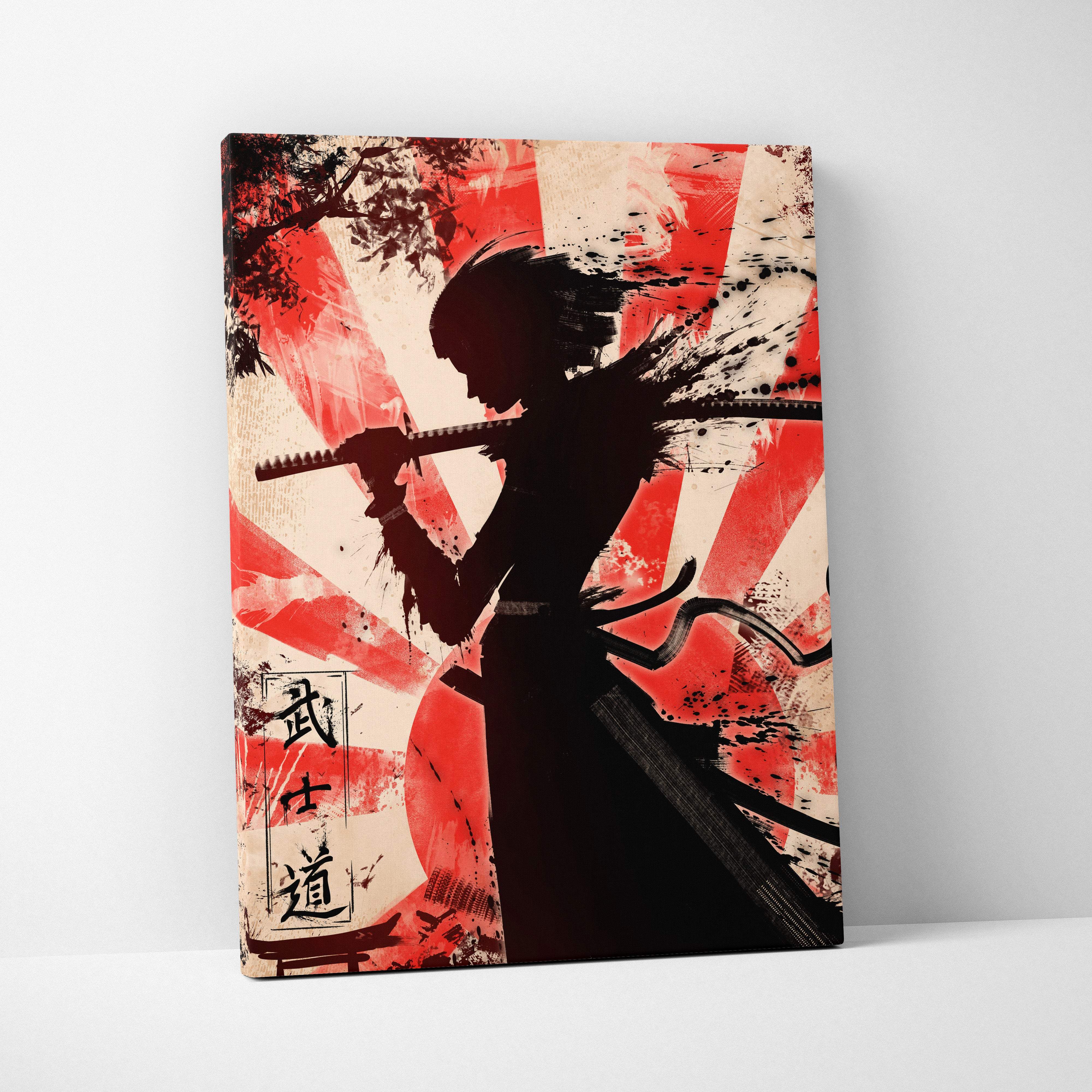 Rising sun samurai warrior red and black japanese canvas art with katana silhouette and bushido kanji digital painting