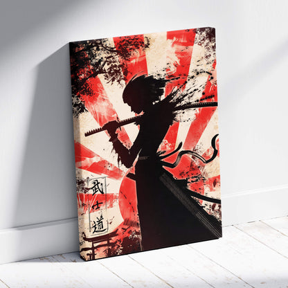 Striking canvas print of a black samurai katana silhouette with red and cream japanese brushstroke background wall decor