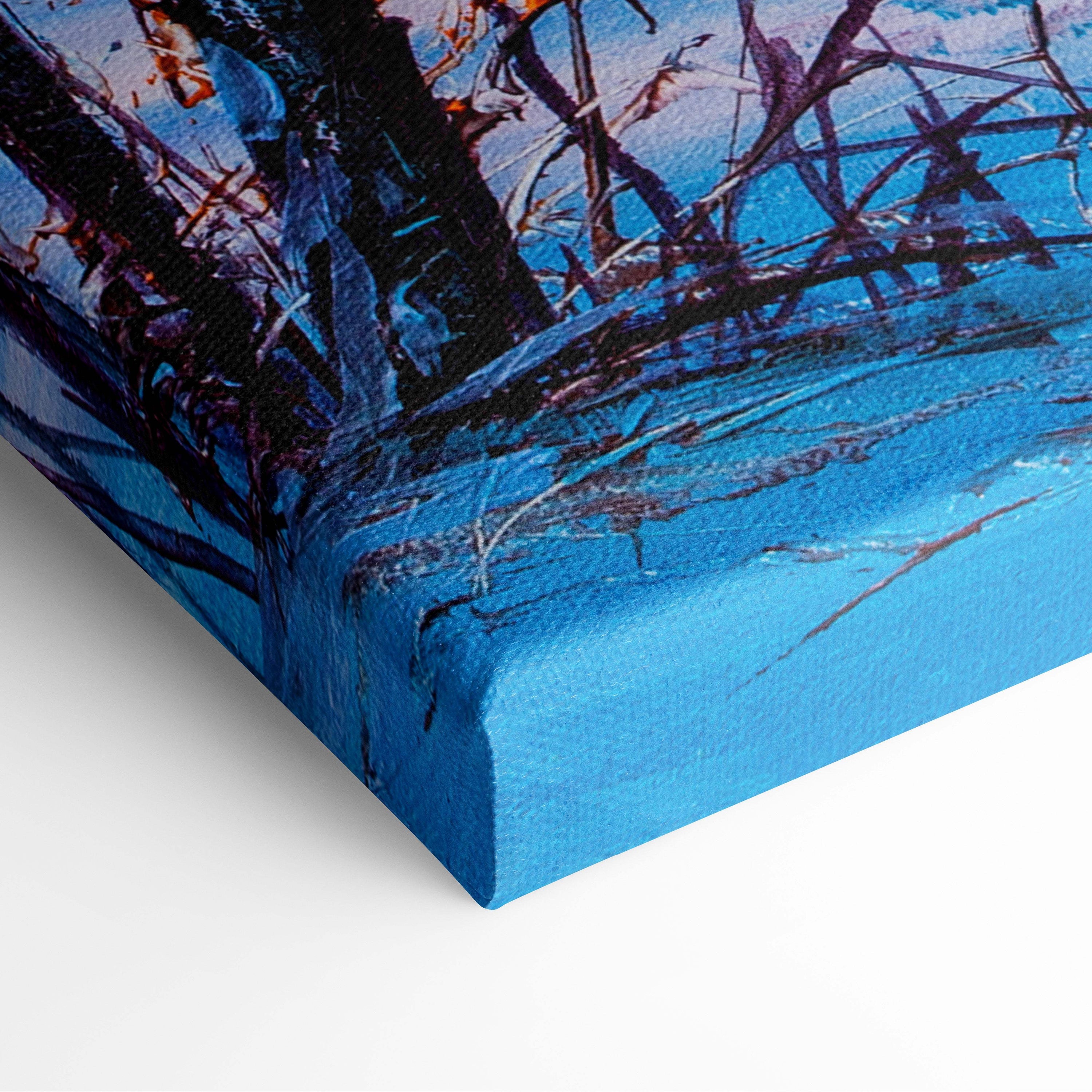Vibrant blue canvas print of abstract tree branches in purples and blacks for winter forest landscape wall art